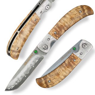 H215 LOVECKÝ ZAVÍRACÍ DAMAŠKOVÝ NŮŽ DELLINGER SCORPION MAPLE BURL-WOOD FLIPPER