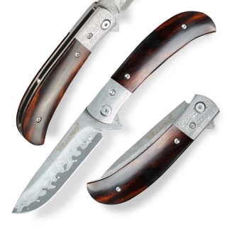 K-H214 LOVECKÝ ZAVÍRACÍ DAMAŠKOVÝ NŮŽ DELLINGER SCORPION IRON-WOOD FLIPPER