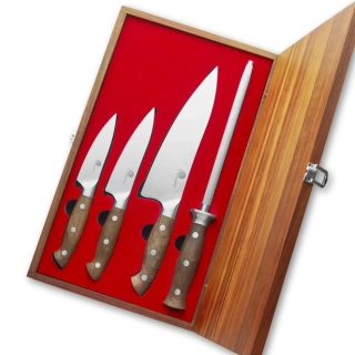 XZ-002 Sada 3 nožů + ocílka v dřevěné dárkové krabici, Dellinger Walnut